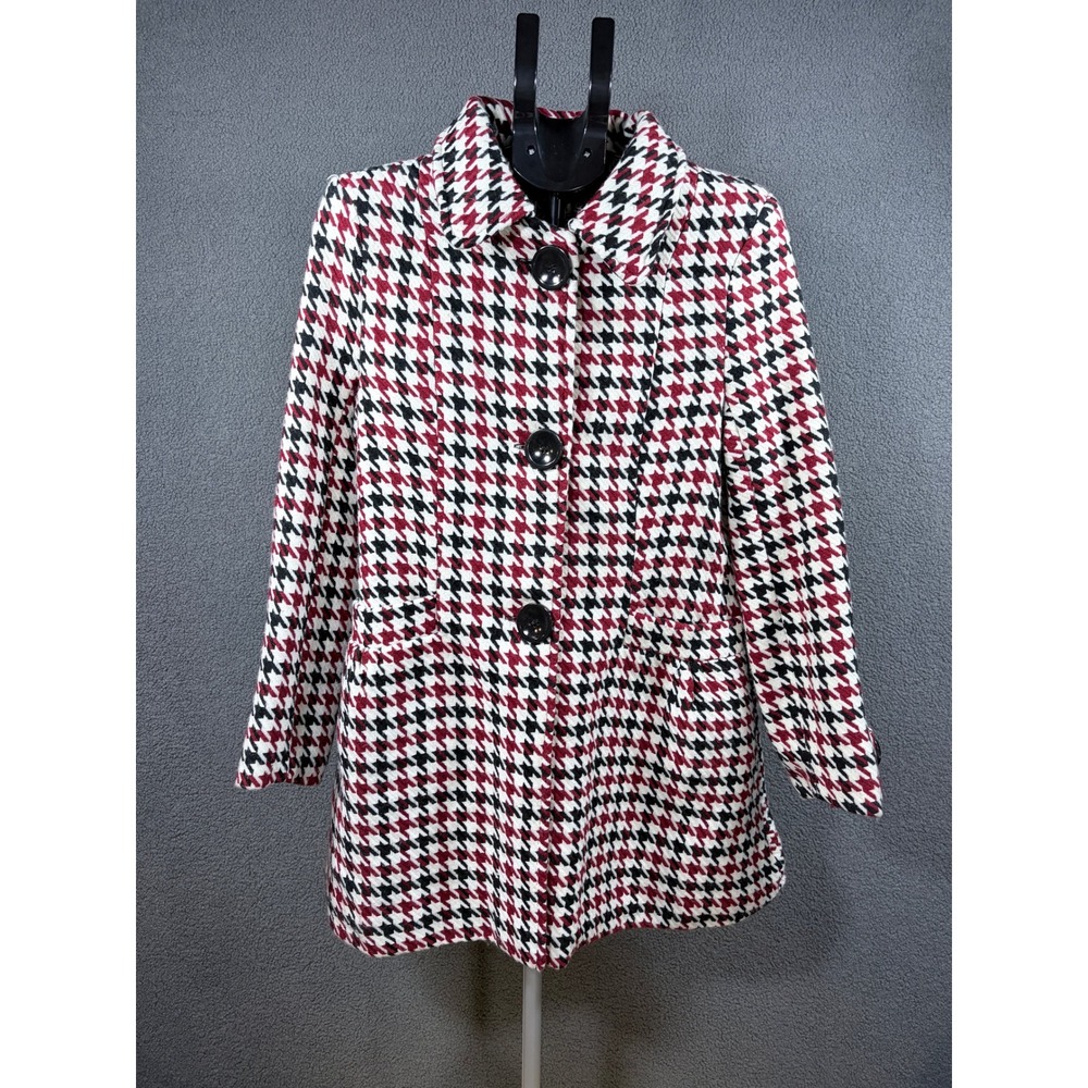 Last Kiss Peacoat Womens L Red Houndstooth 9872LK8 Button Up Long Sleeve Jacket